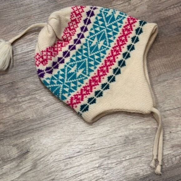 Vintage 70s  Meister Nordic Alpine 100% Wool Colorful Winter Pom Pom Hat Toque - Picture 1 of 11